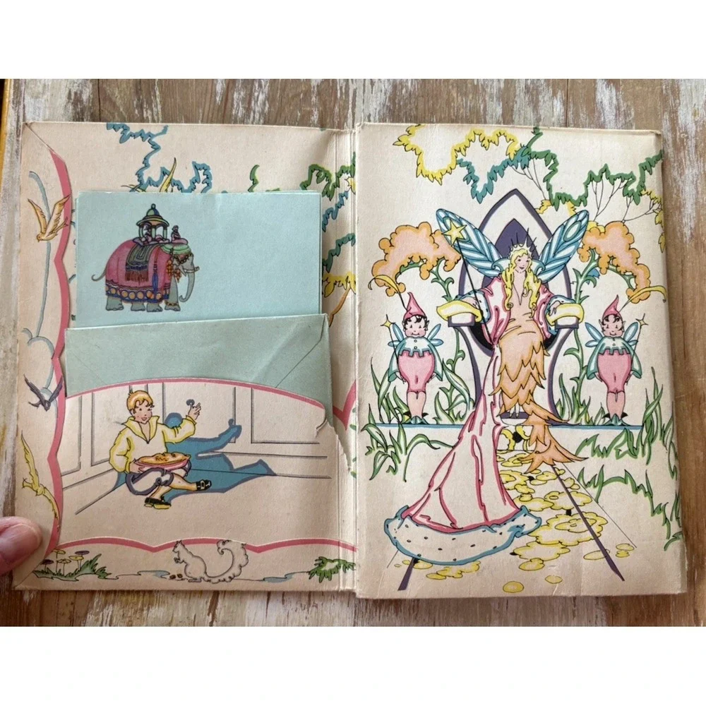 Vintage childrens stationery writing paper pink blue envelope Skeezix illus 1930